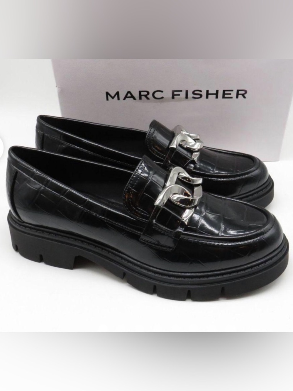 Marc Fisher Black Patent Croc-Embossed Loafers with Silver Chain NWOT size 10m